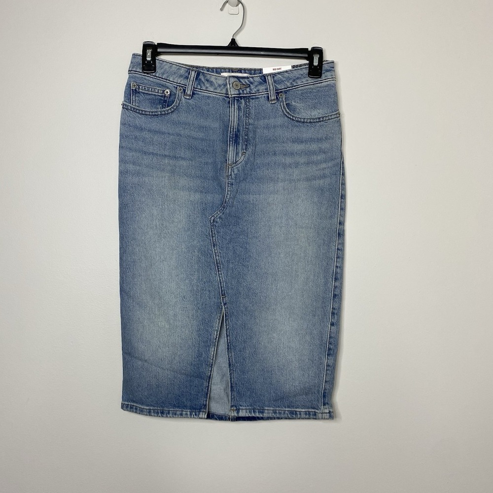 Lucky Brand Denim Midi Pencil Skirt Front Slit Sz 6/28 Minimalist Medium Wash‎